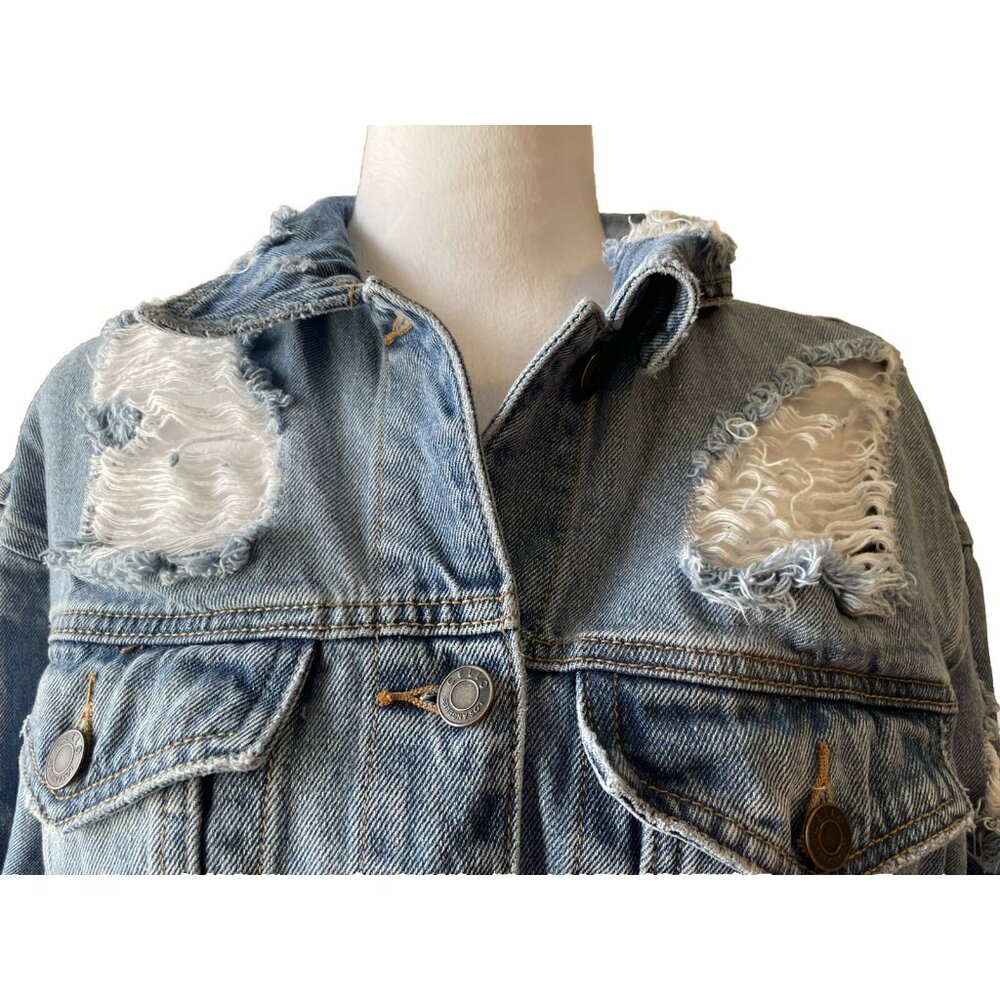 Distressed Shredded Denim Jean Trucker Jacket Womens Size Small Boho Festival